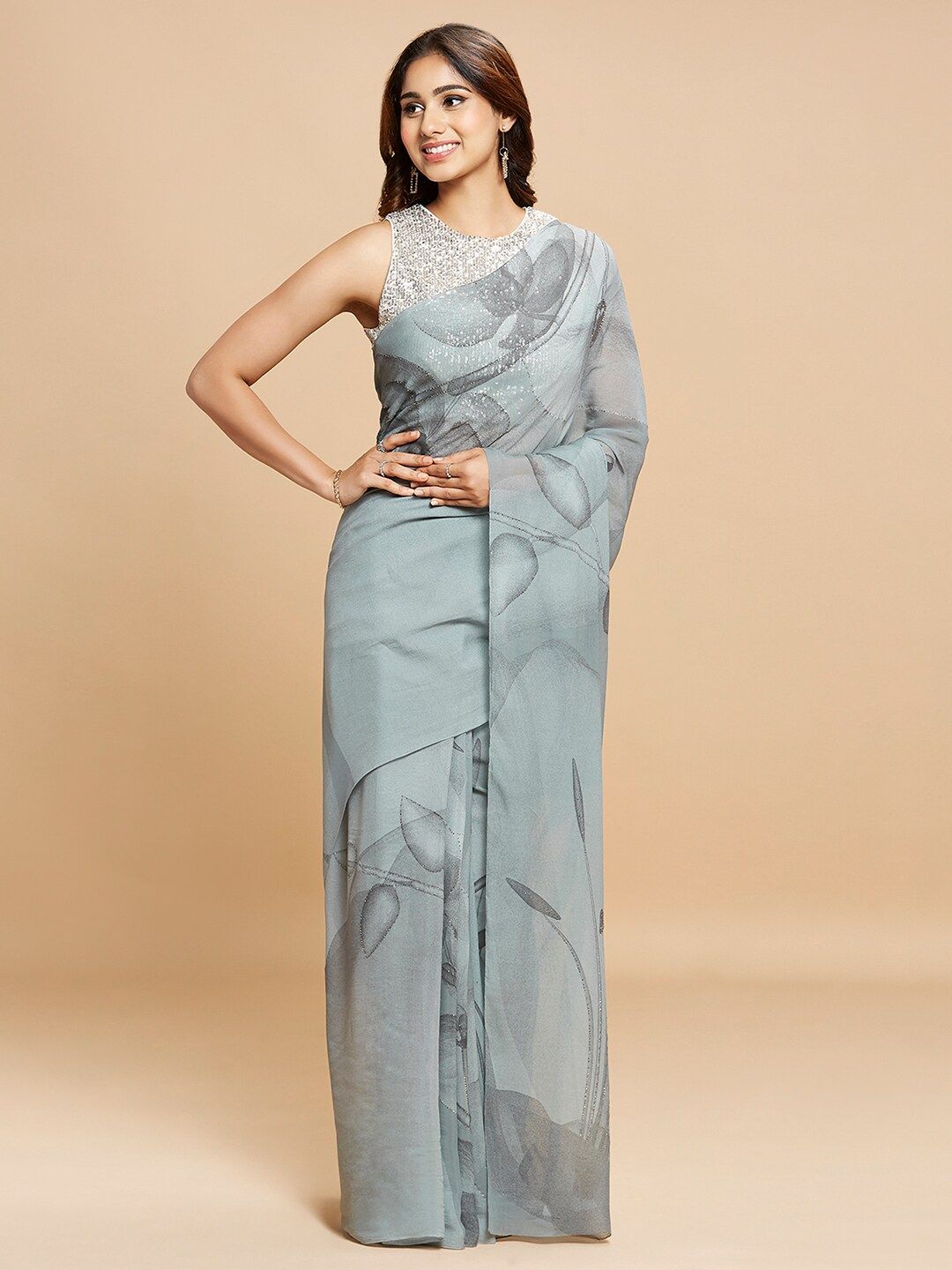 navyasa Grey & Blue Floral Printed Saree Price in India