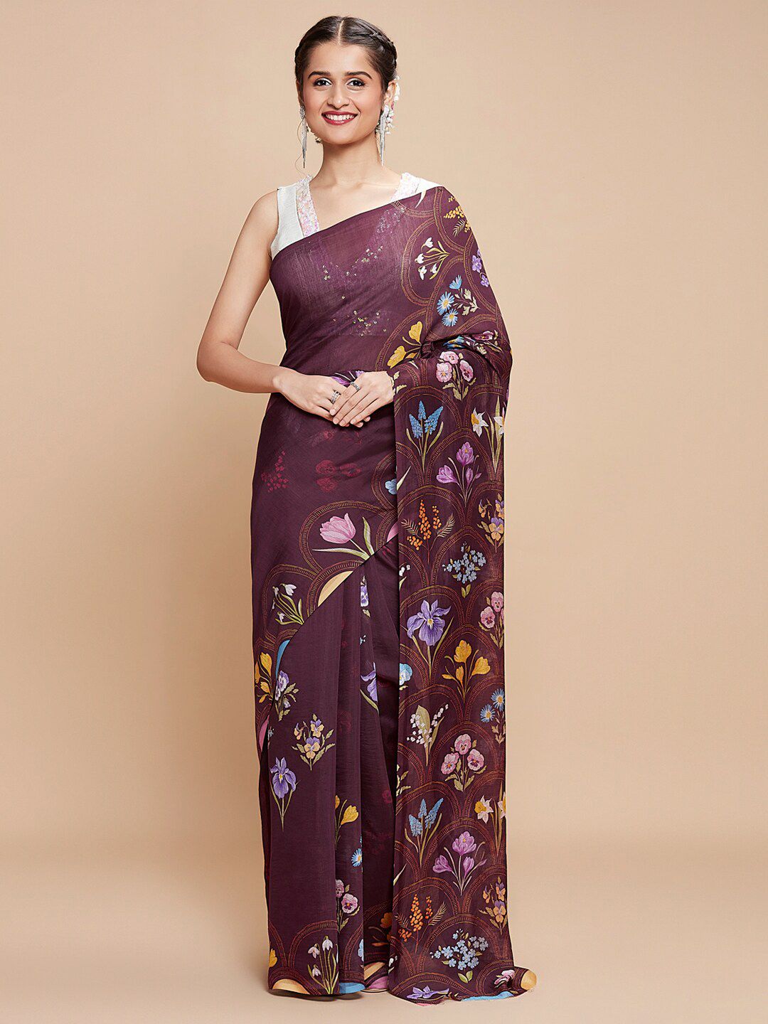 navyasa Brown & Blue Floral Printed Saree Price in India