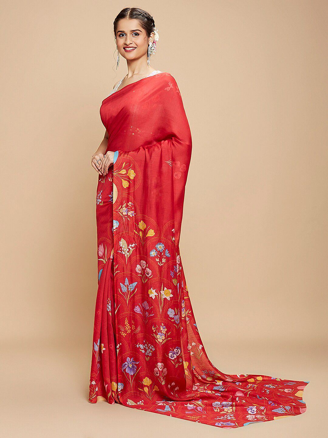 navyasa Red & Blue Floral Printed Saree Price in India