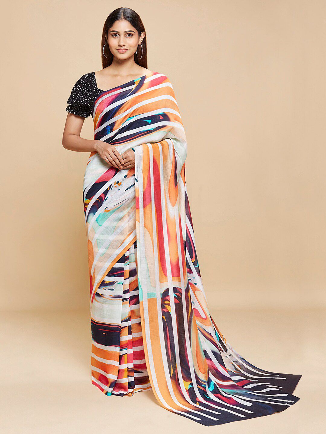 navyasa Orange & White Striped Printed Saree Price in India