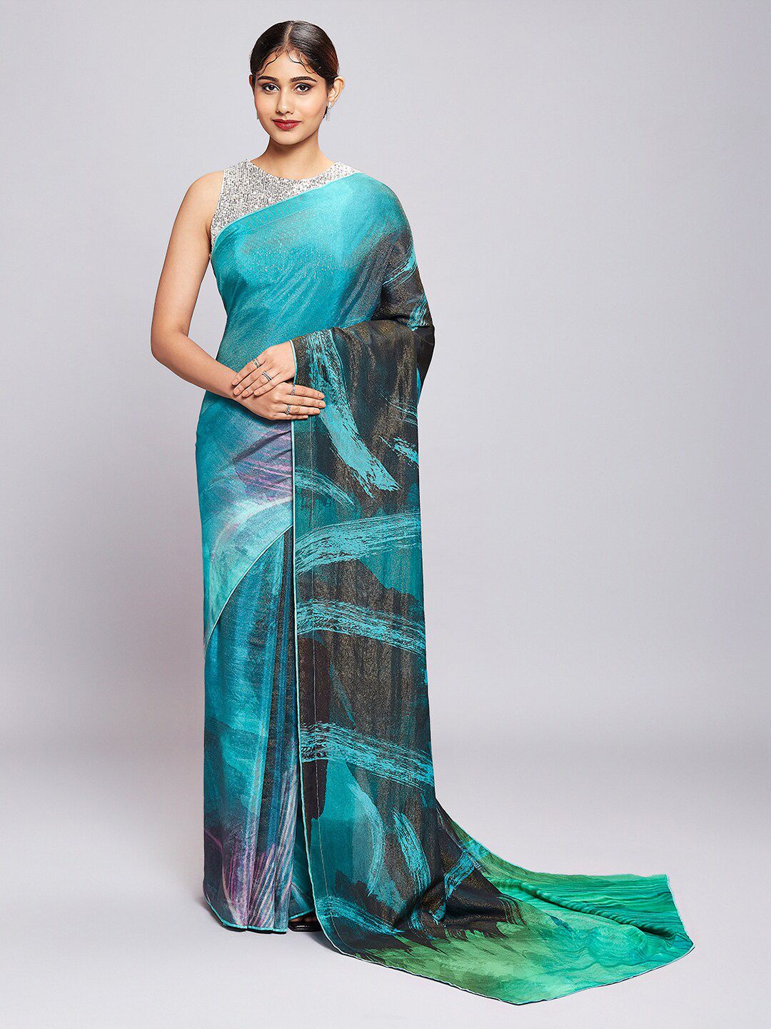 navyasa Blue & Green Abstract Printed Saree Price in India