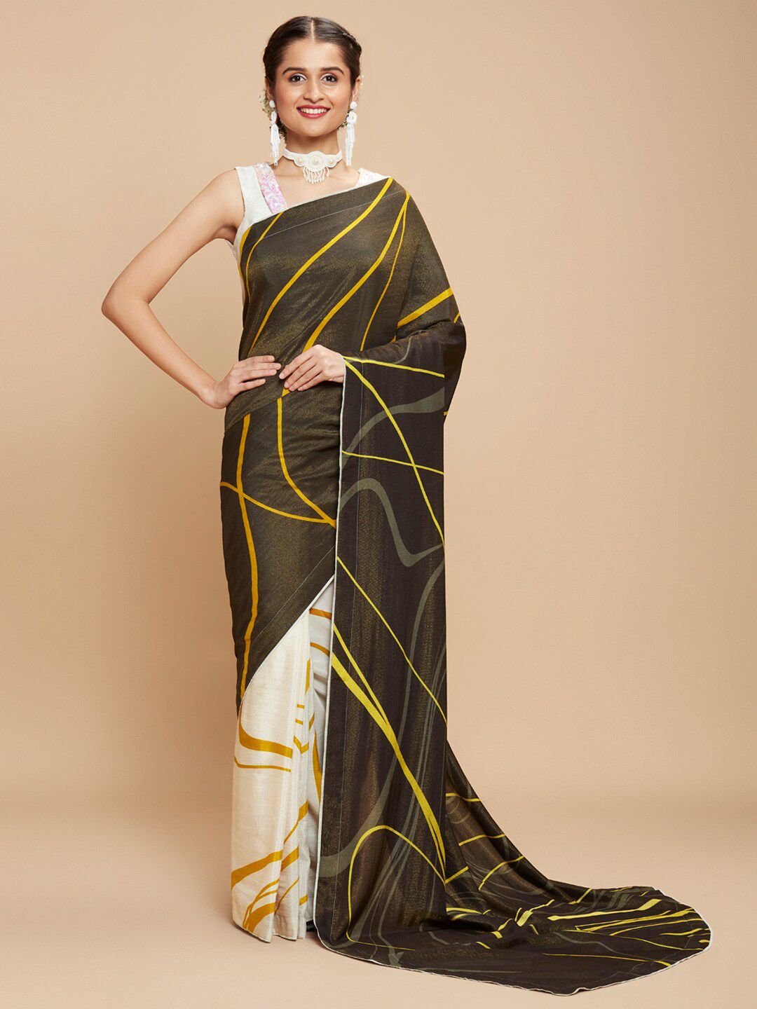 navyasa Black & White Ready to Wear Saree Price in India
