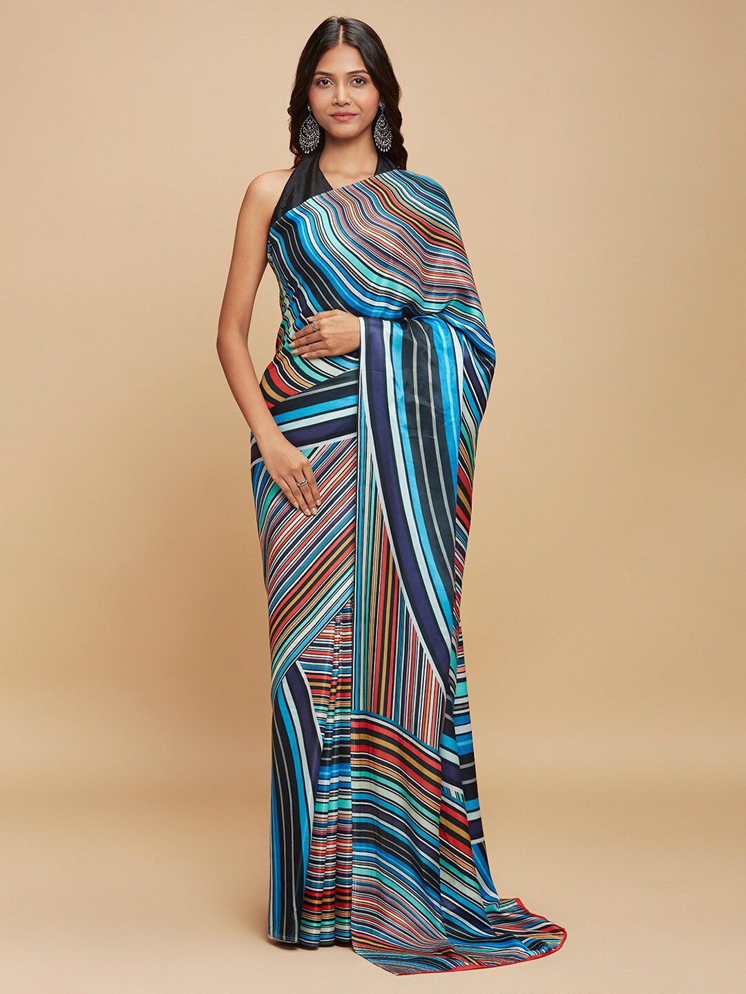 navyasa Brown & Pink Striped Printed Saree Price in India