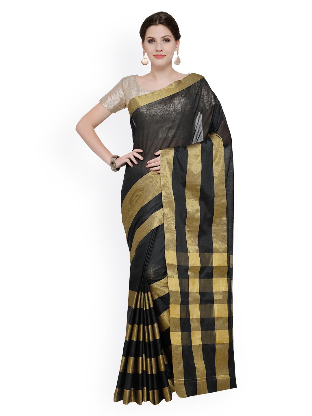 Saree mall Black Art Silk Striped Mangalagiri Saree Price in India