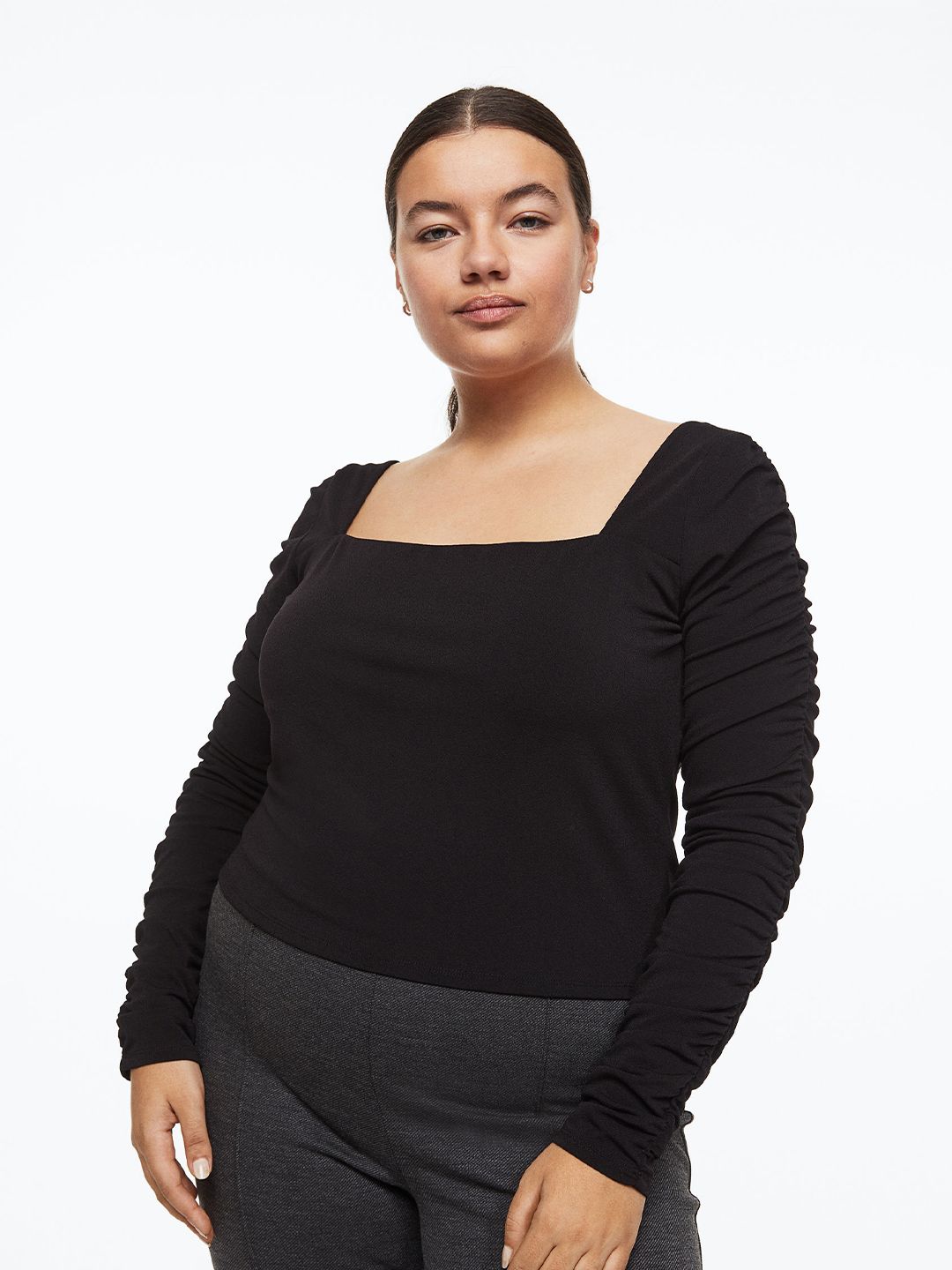 H&M+ Women Plus Size Black Gathered Sleeve Jersey Top Price in India