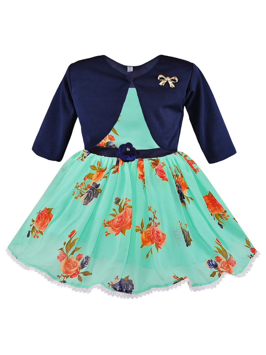 Wish Karo Girls Sea Green & Red Floral Printed Fit & Flare Dress With Jacket