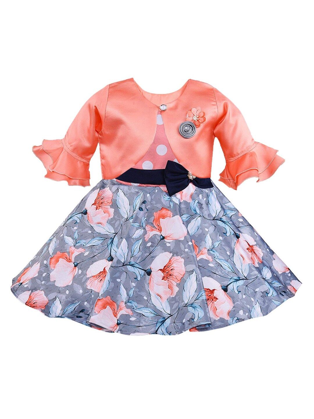 Wish Karo Girls Grey & Peach-Coloured Floral Printed Fit & Flare Dress With Jacket