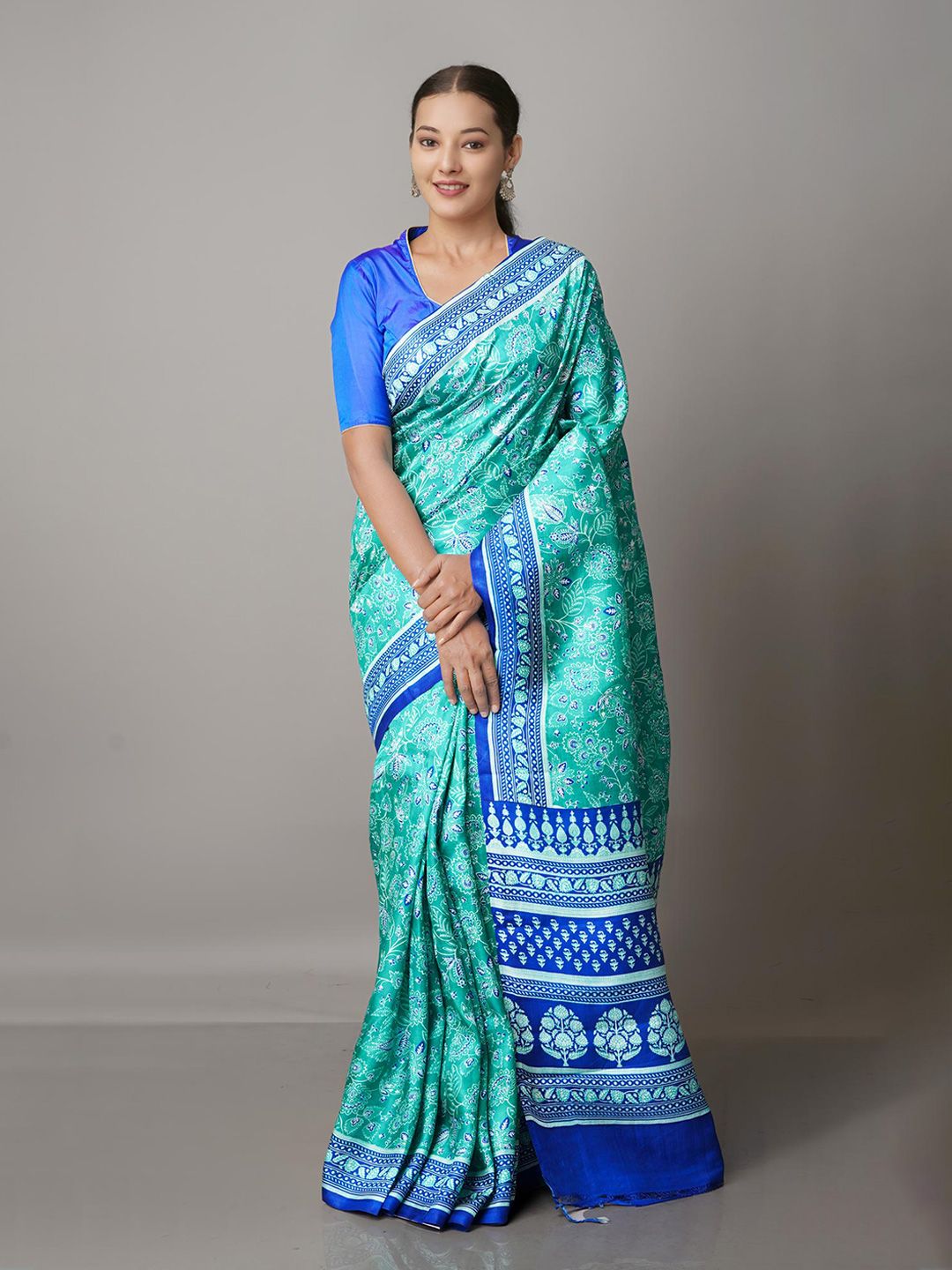 Unnati Silks Green & Blue Floral Pure Silk Mysore Silk Saree Price in India