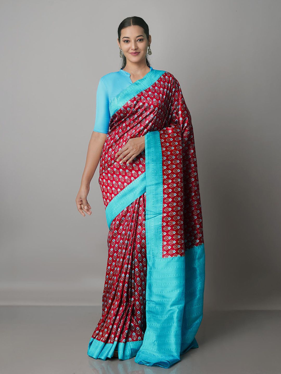 Unnati Silks Maroon & Blue Ethnic Motifs Pure Silk Mysore Silk Saree Price in India