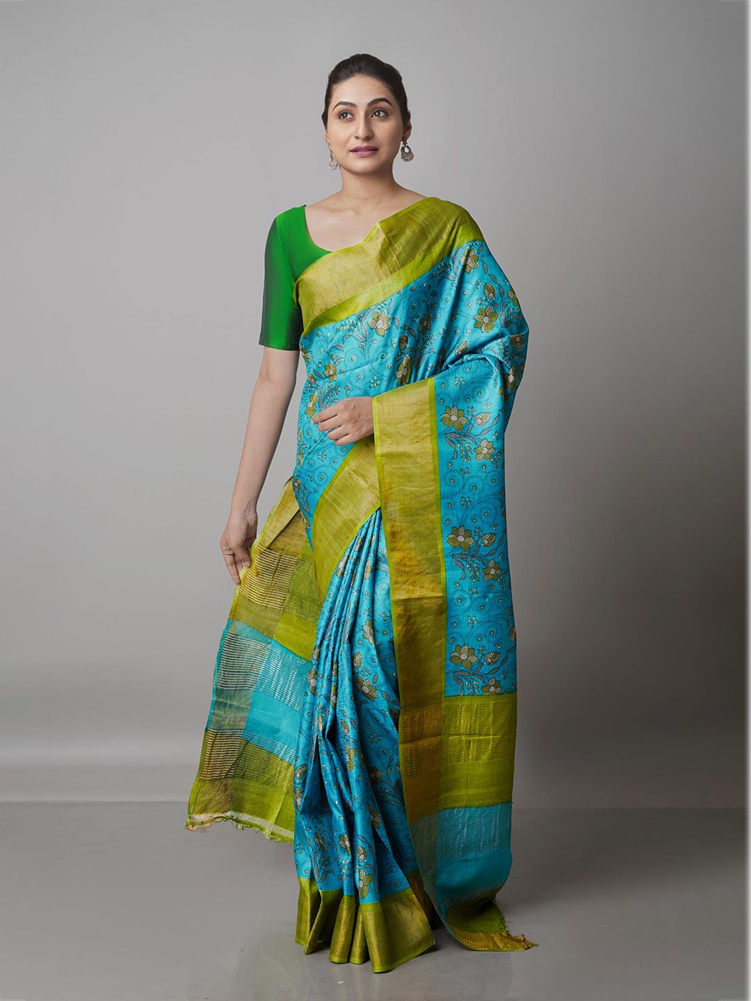 Unnati Silks Blue & Green Floral Zari Pure Silk Handloom Jamdani Saree Price in India