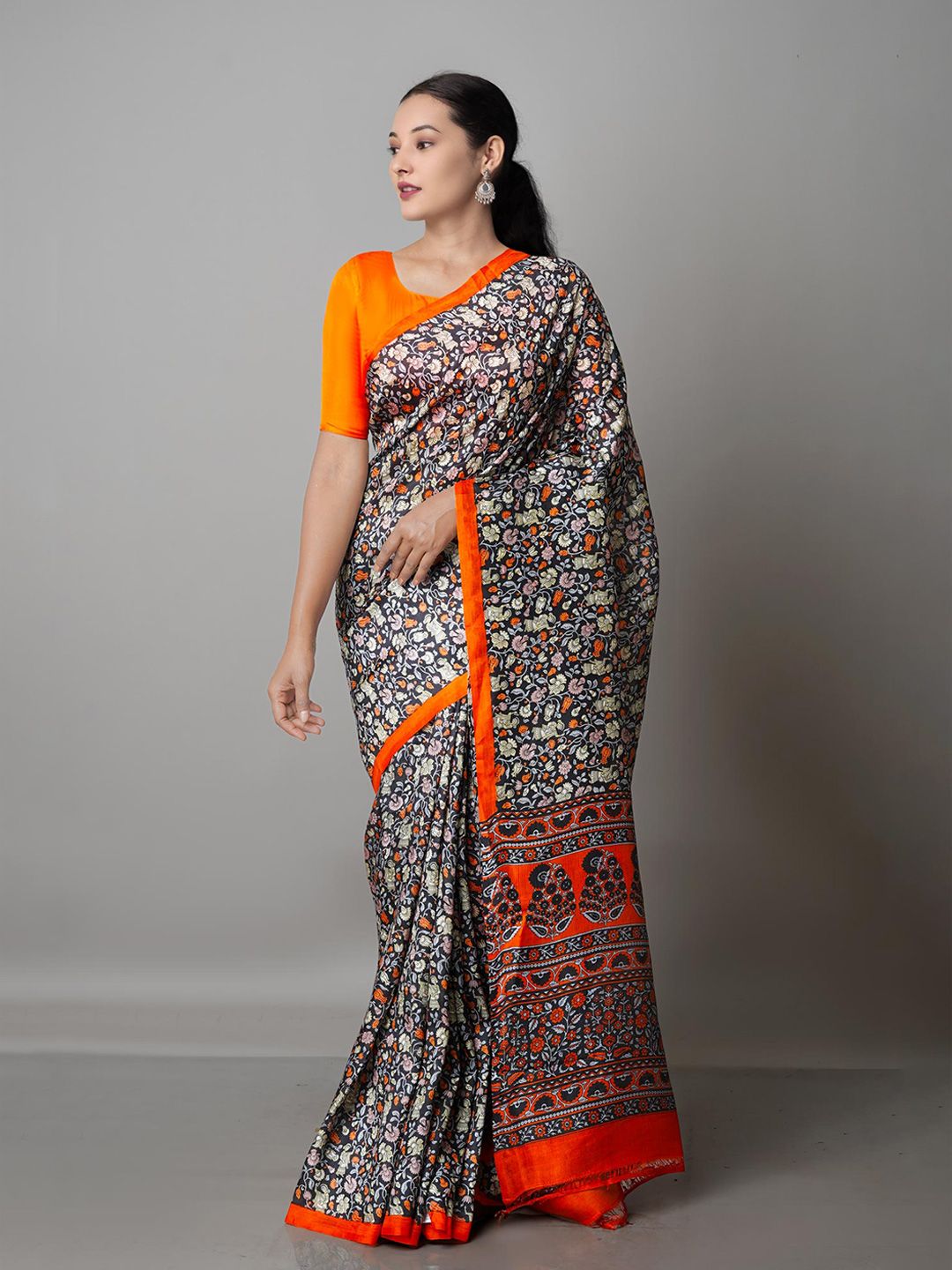 Unnati Silks Black & Orange Ethnic Motifs Pure Silk Mysore Silk Saree Price in India