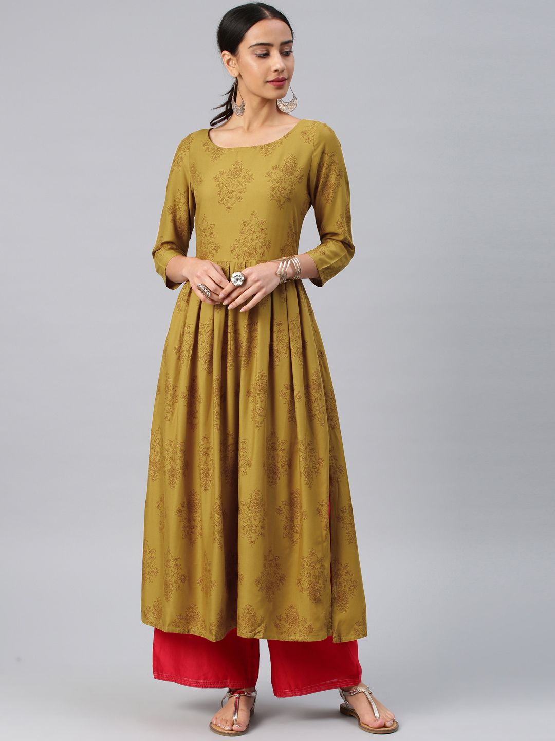 Vishudh Women Mustard Yellow Floral Print A-Line Kurta Price in India