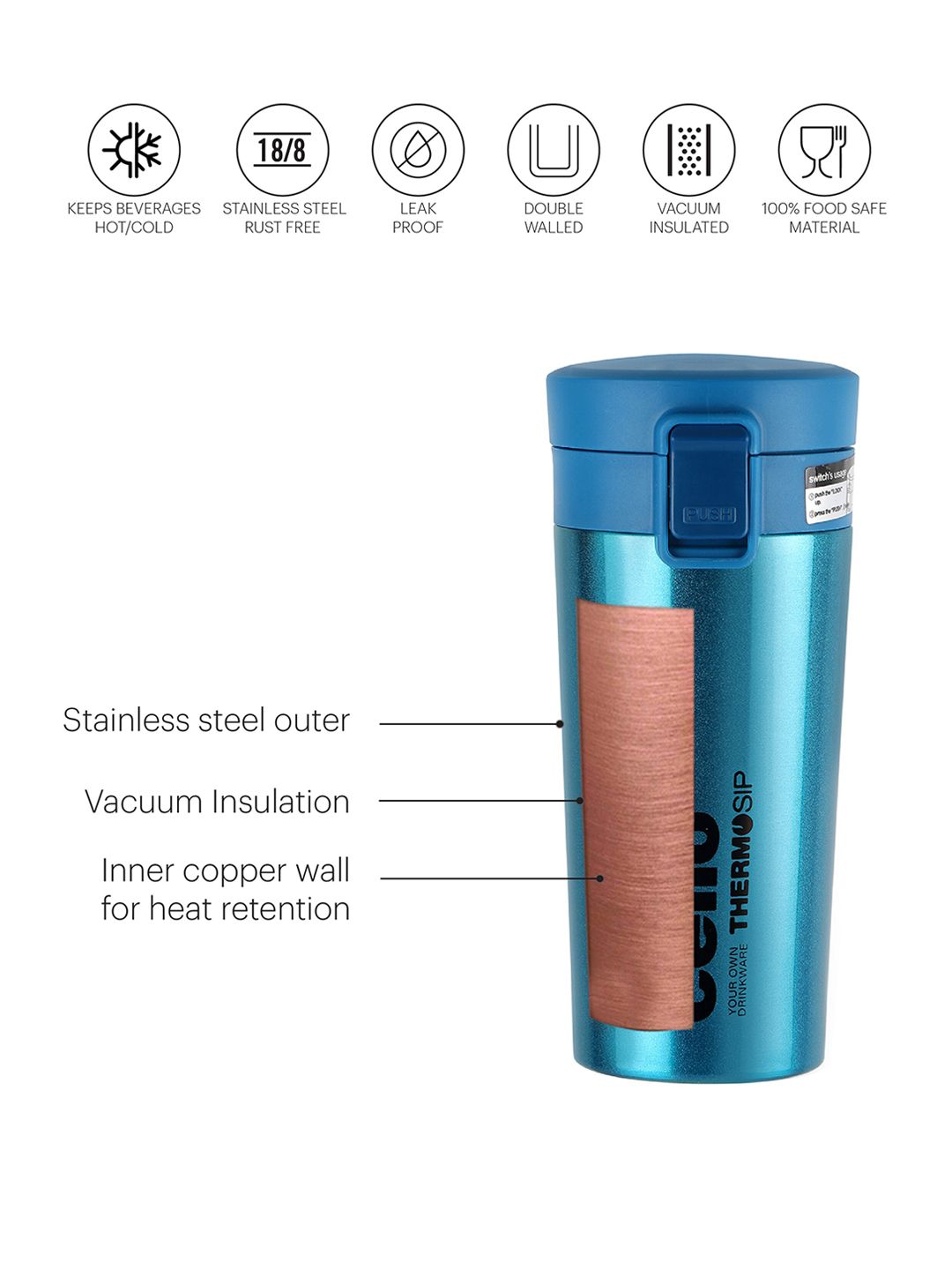 Buy Cello Monty Blue Double-Walled Insulated Thermo Sip Travel