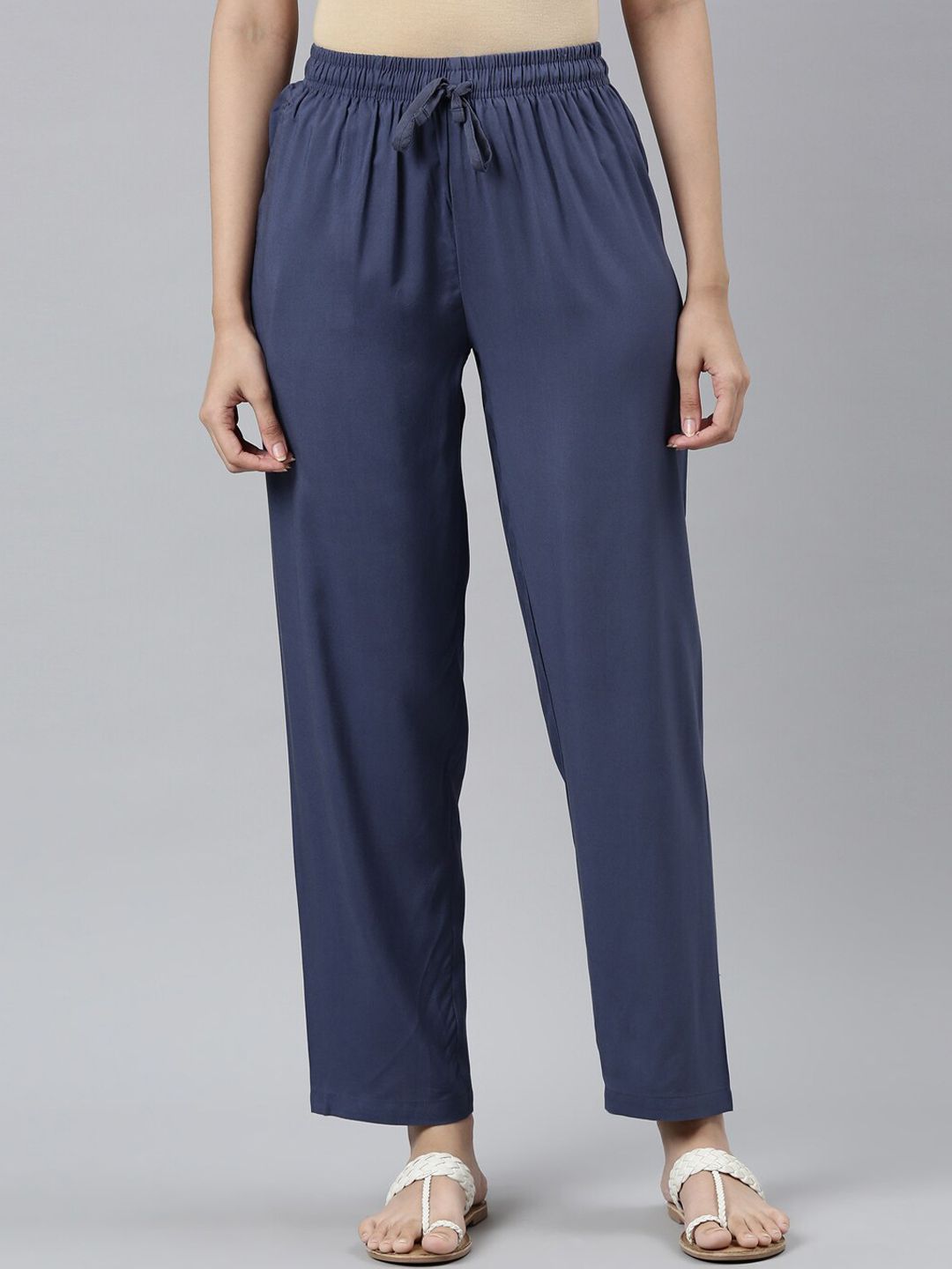 Go Colors Women Navy Blue Relaxed Pleated Trousers Price in India