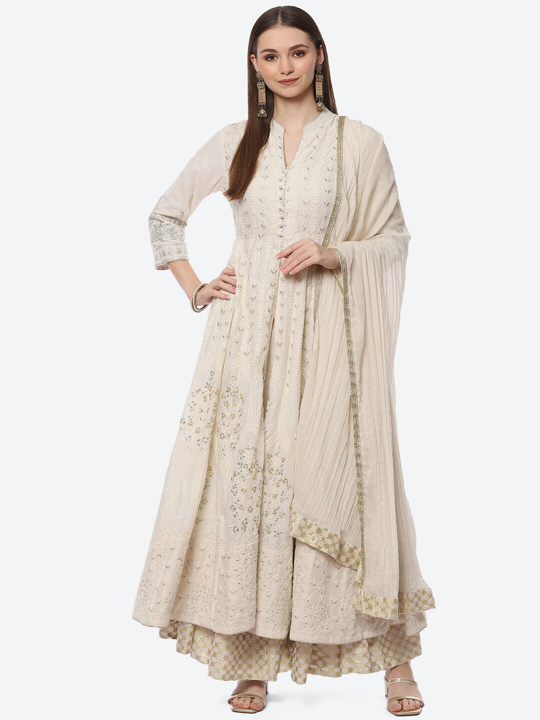 Biba Off White & Grey Embroidered Ready to Wear Lehenga & Blouse With Dupatta Price in India