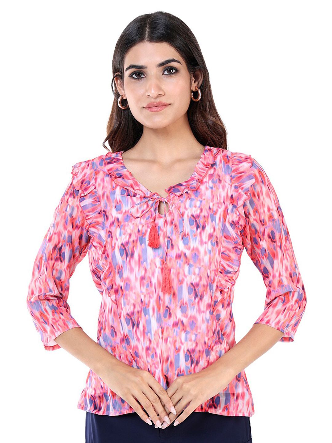 NOT SO PINK Pink & Blue Print Tie-Up Neck Ruffles Top Price in India