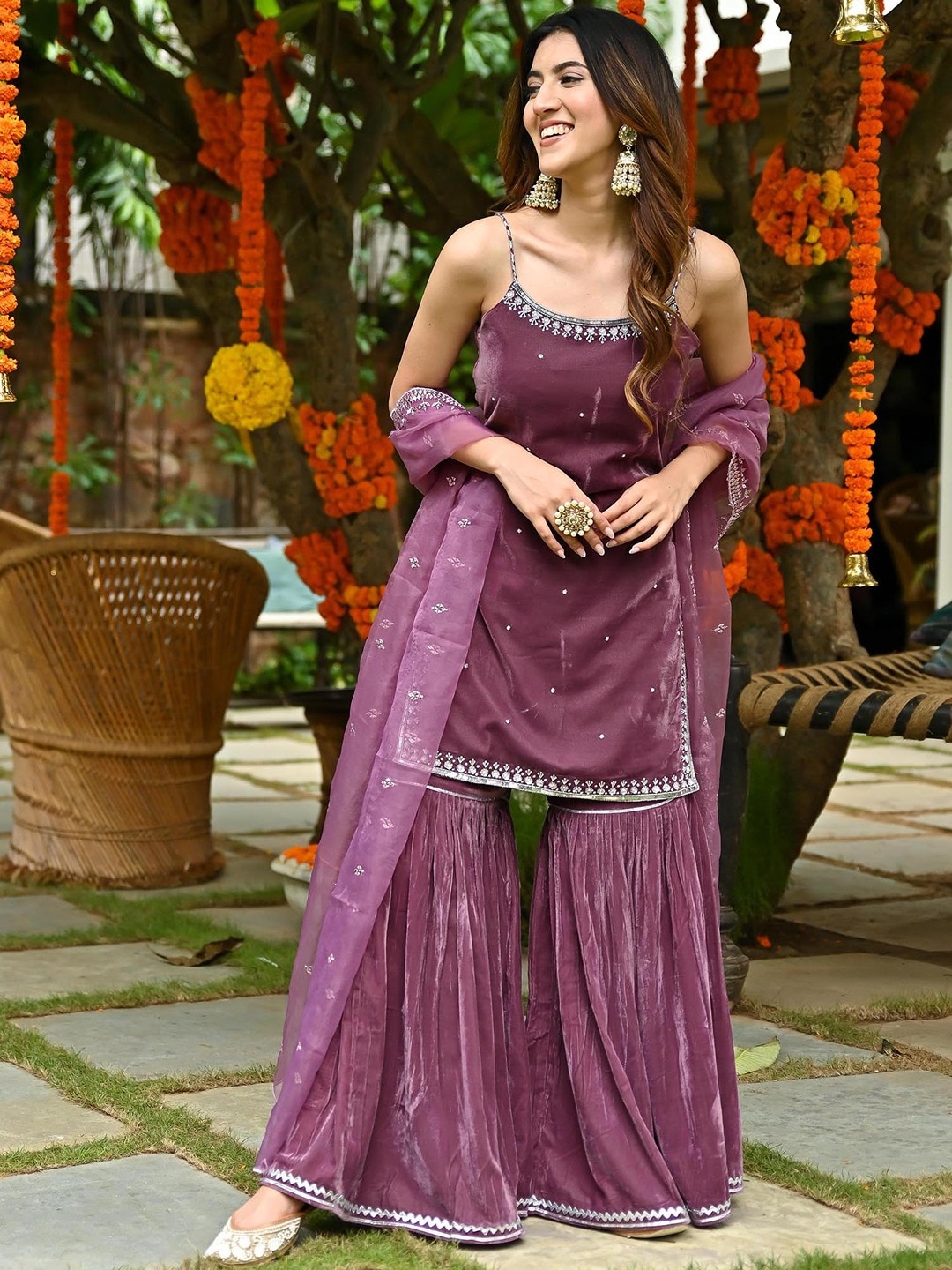Lavanya The Label Women Purple Floral Sequinned Velvet Kurti with Sharara & Dupatta Price in India