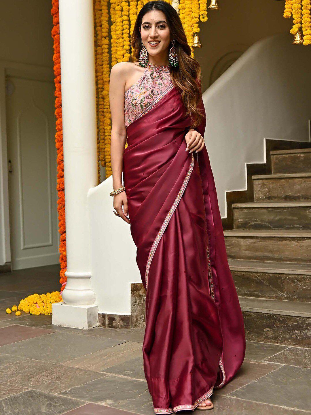 Lavanya The Label Burgundy & Pink Embroidered Saree Price in India