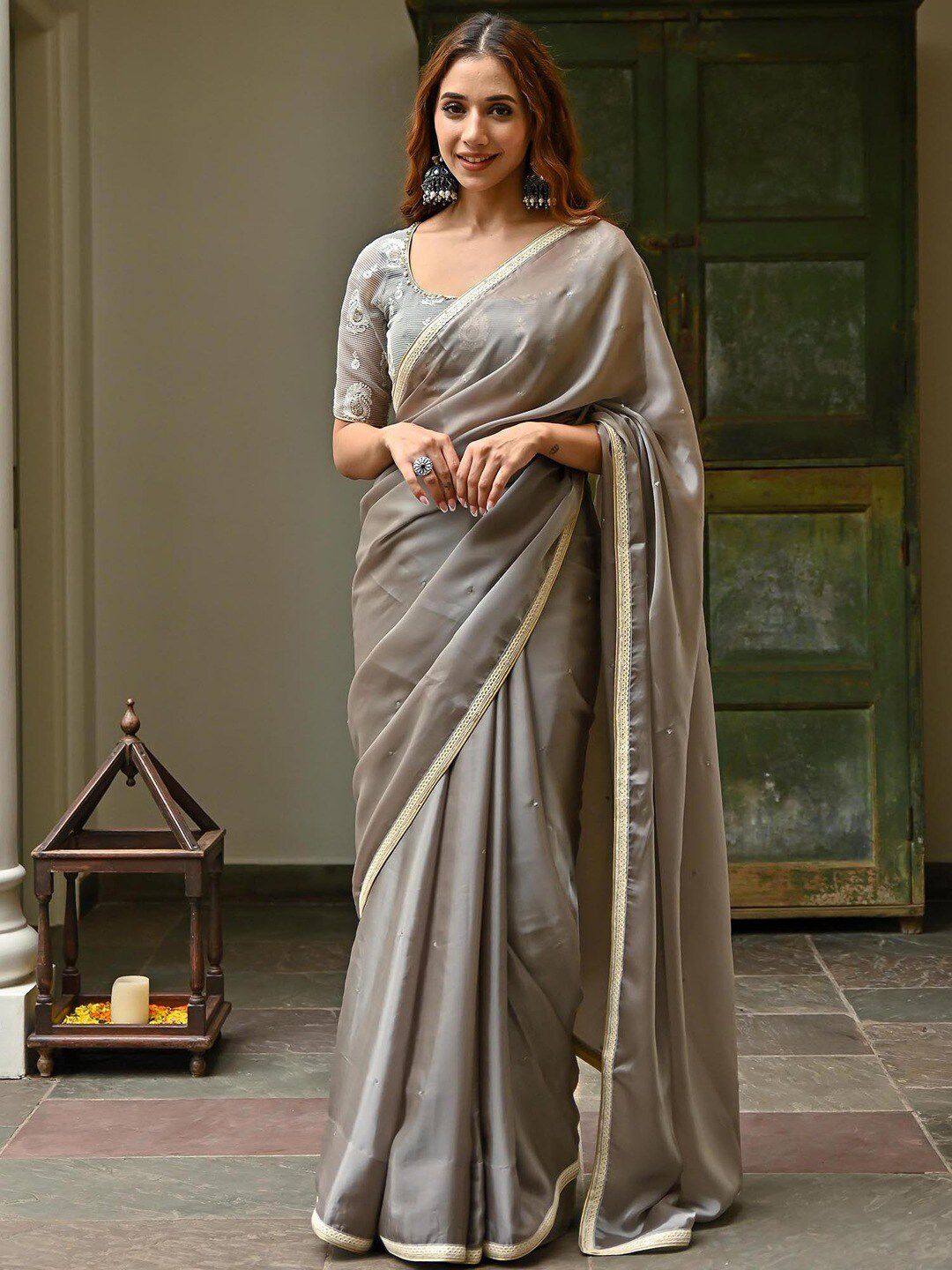 Lavanya The Label Grey & Gold-Toned Embellished Embroidered Saree Price in India