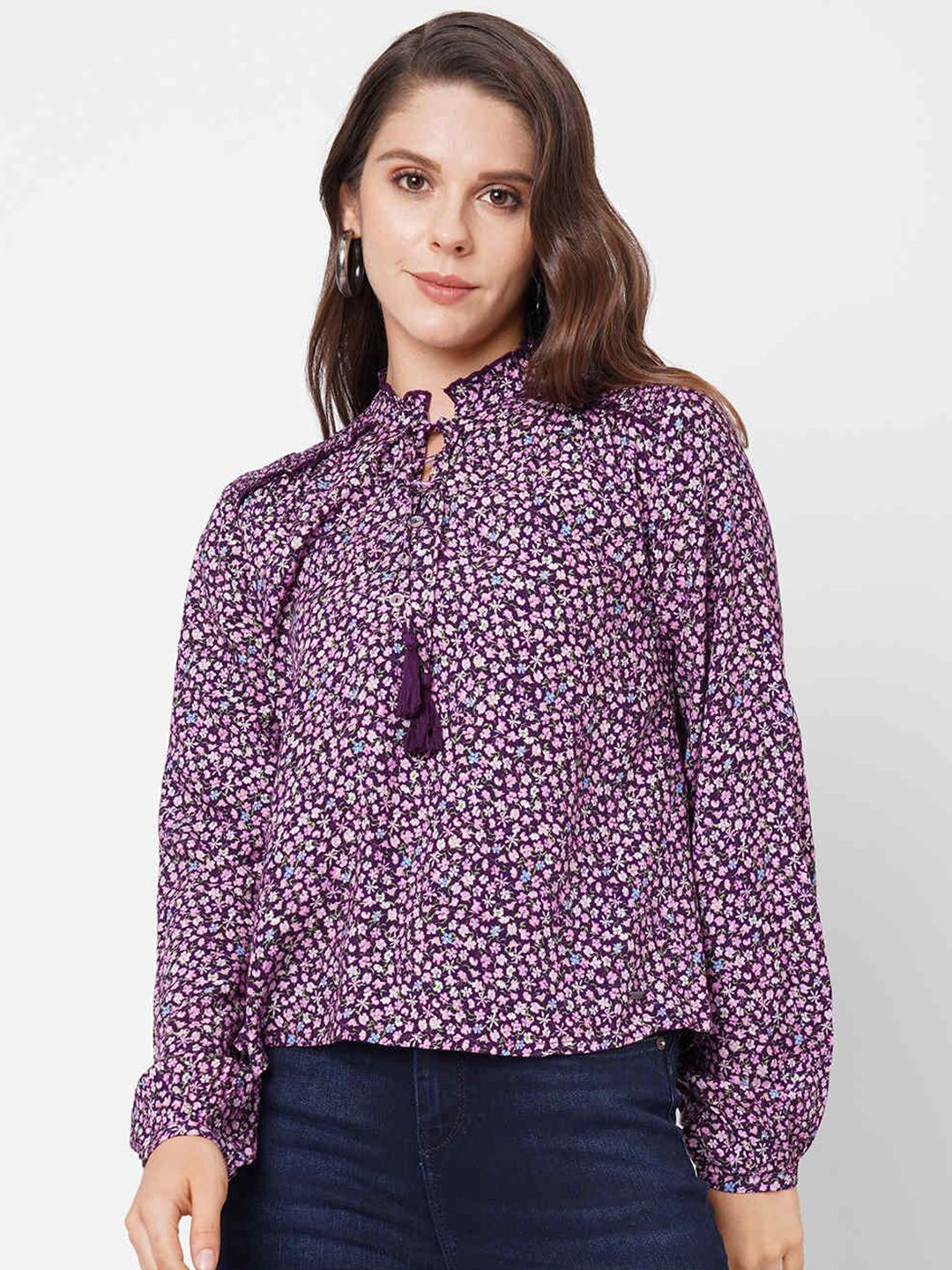Pepe Jeans Red Floral Print Tie-Up Neck Crepe Top Price in India