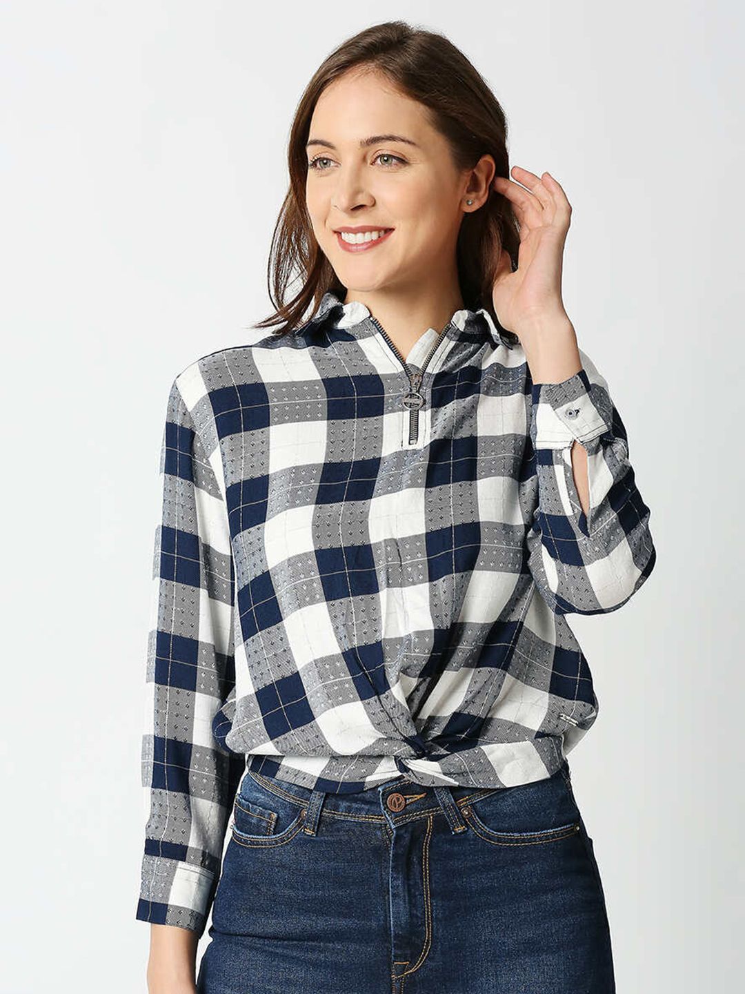 Pepe Jeans Blue & White Checked Shirt Style Top Price in India