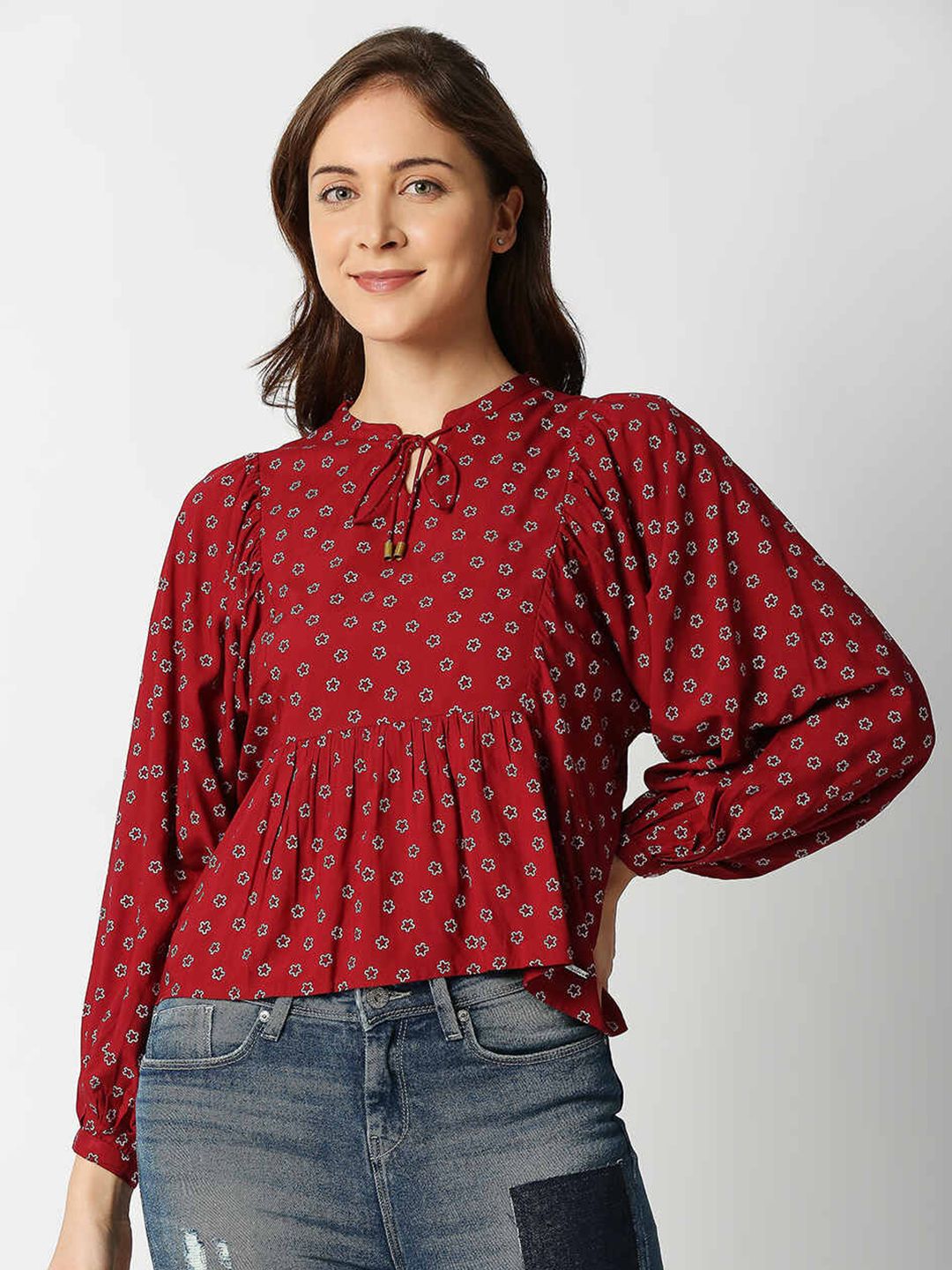 Pepe Jeans Red & White Print Mandarin Collar Empire Top Price in India