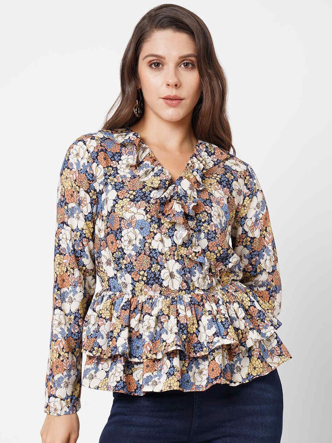Pepe Jeans Brown & White Floral Print Peplum Top Price in India
