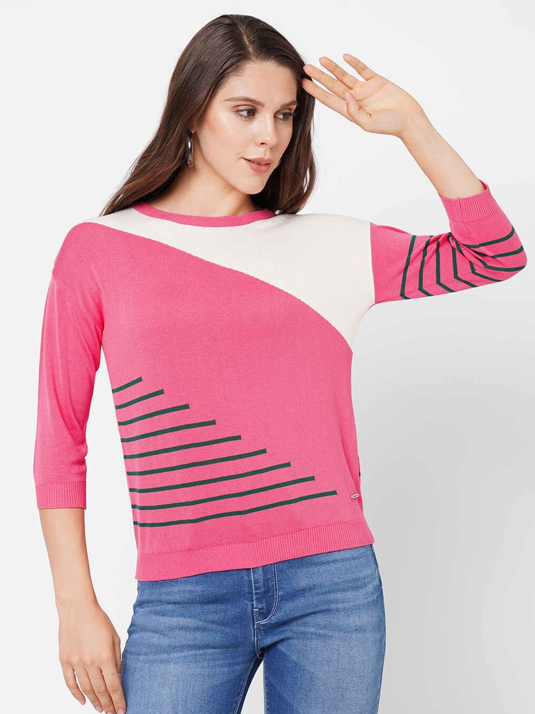 Pepe Jeans Women Pink & White Colourblocked Top Price in India