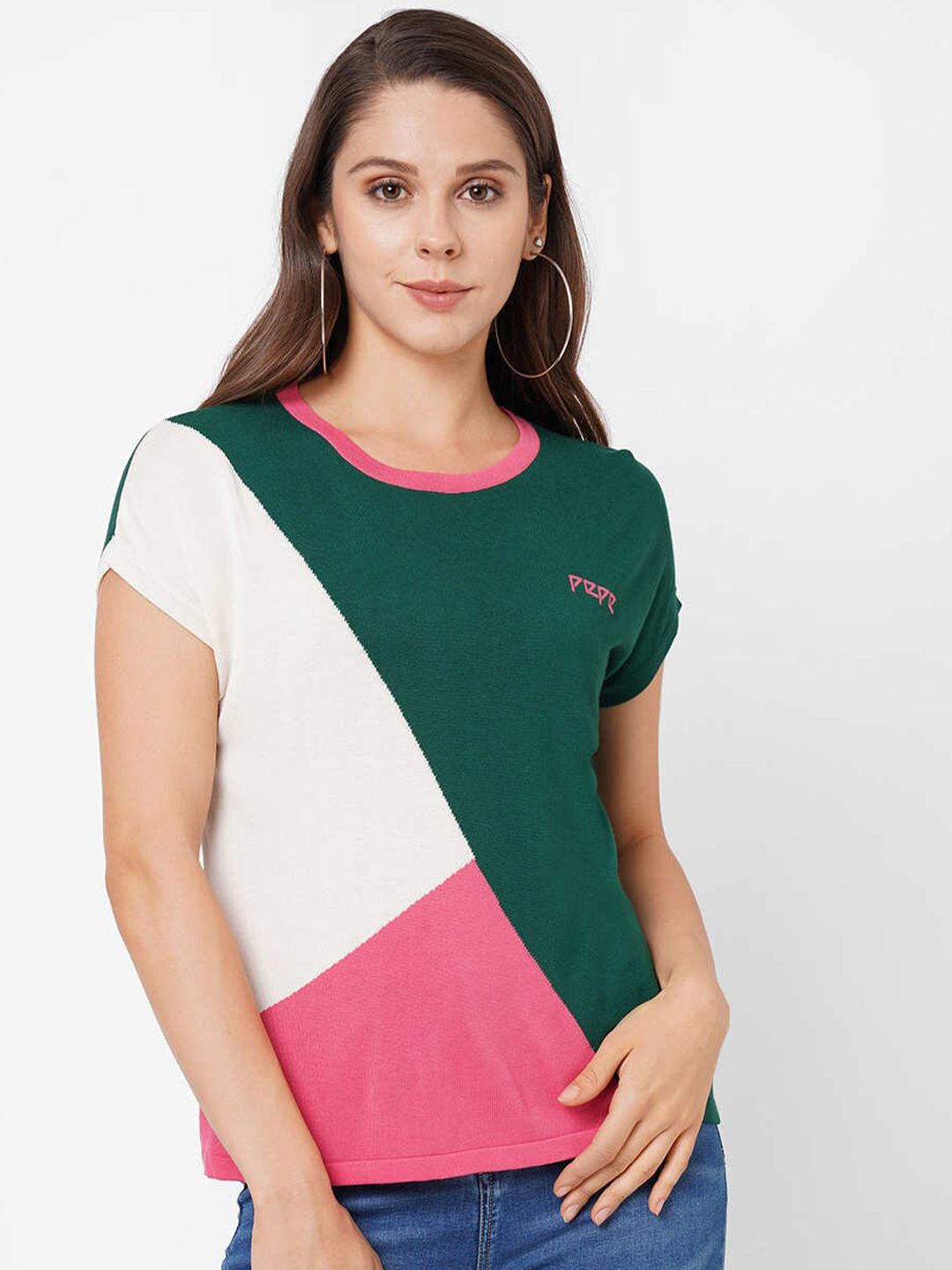 Pepe Jeans Green & White Colourblocked Knitted Top Price in India