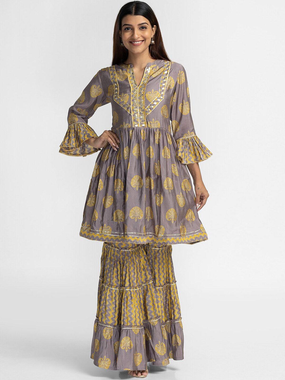 Globus Women Taupe Ethnic Motifs Printed Gotta Patti Kurta With Sharara Price in India