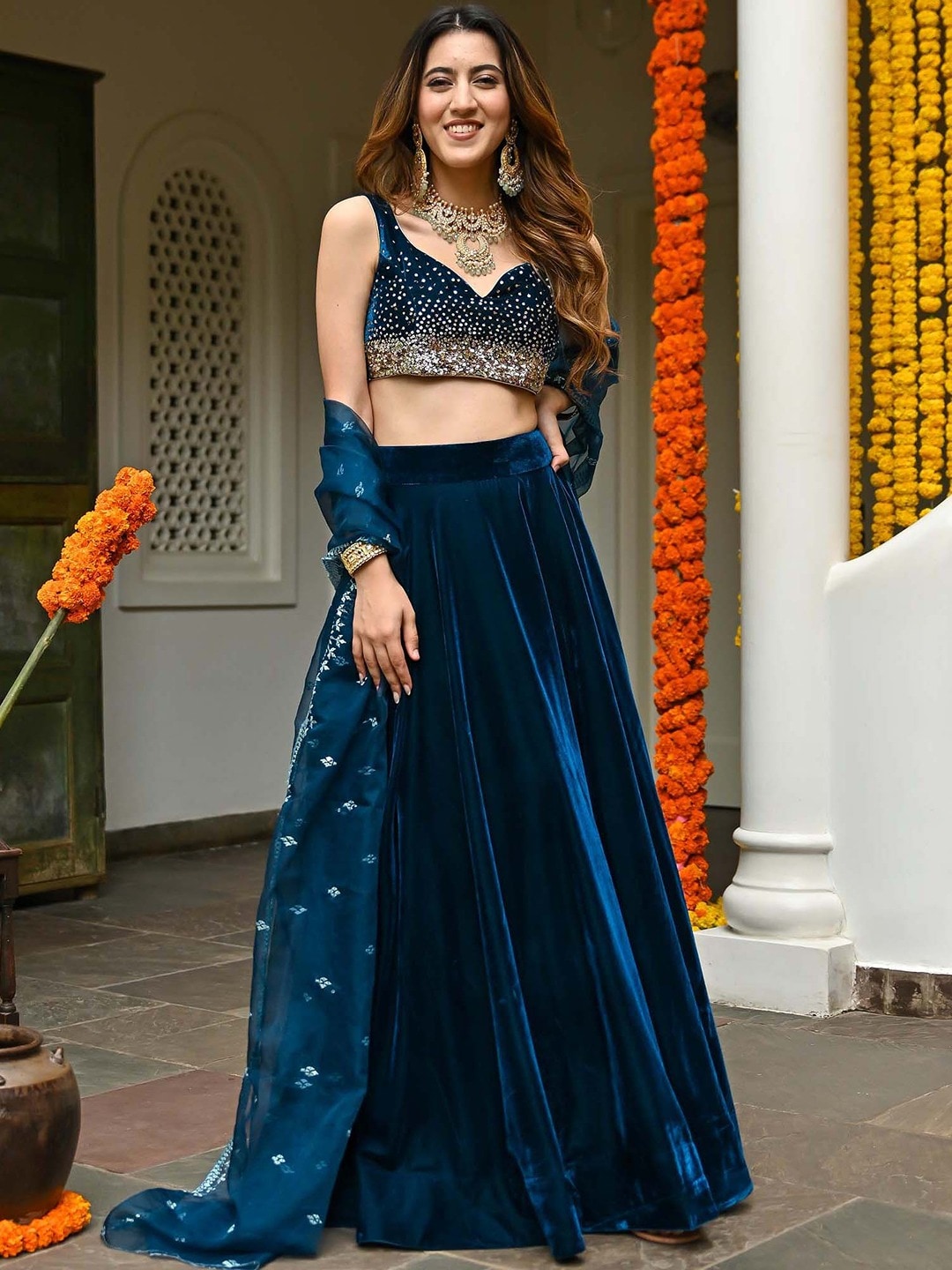 Lavanya The Label Teal & Gold-Toned Embellished Sequinned Ready to Wear Lehenga & Blouse With Dupatta Price in India