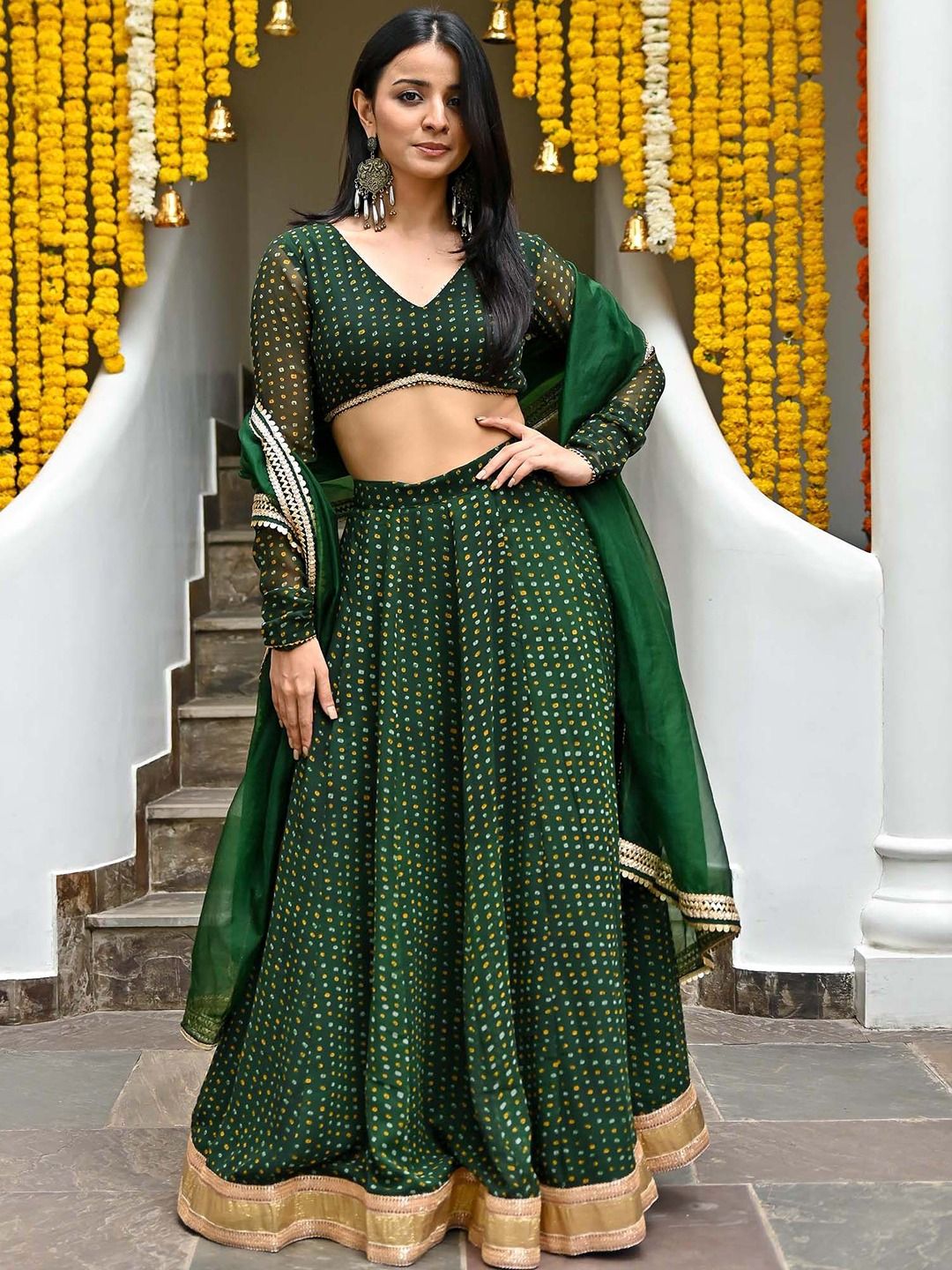 Lavanya The Label Green & Gold-Toned Printed Ready to Wear Lehenga & Blouse With Dupatta Price in India