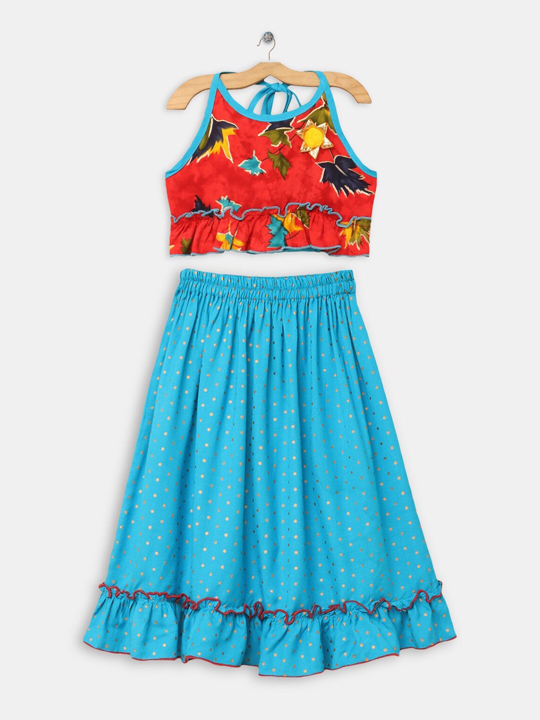 Hopscotch Girls Blue & Red Printed Ready to Wear Lehenga And Choli Set Price in India