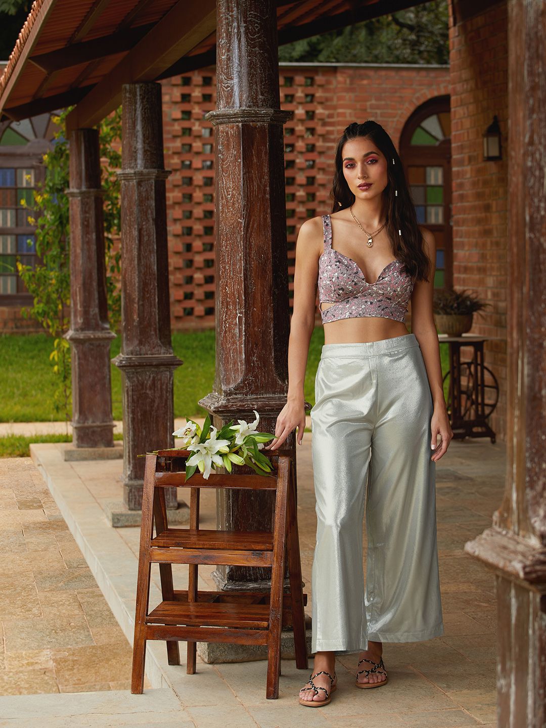 W Women Silver-Toned Solid Flared Palazzos