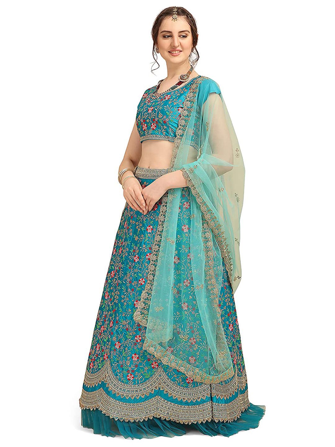 Zainab chottani Blue & Pink Embroidered Thread Work Semi-Stitched Lehenga & Unstitched Blouse With Dupatta Price in India