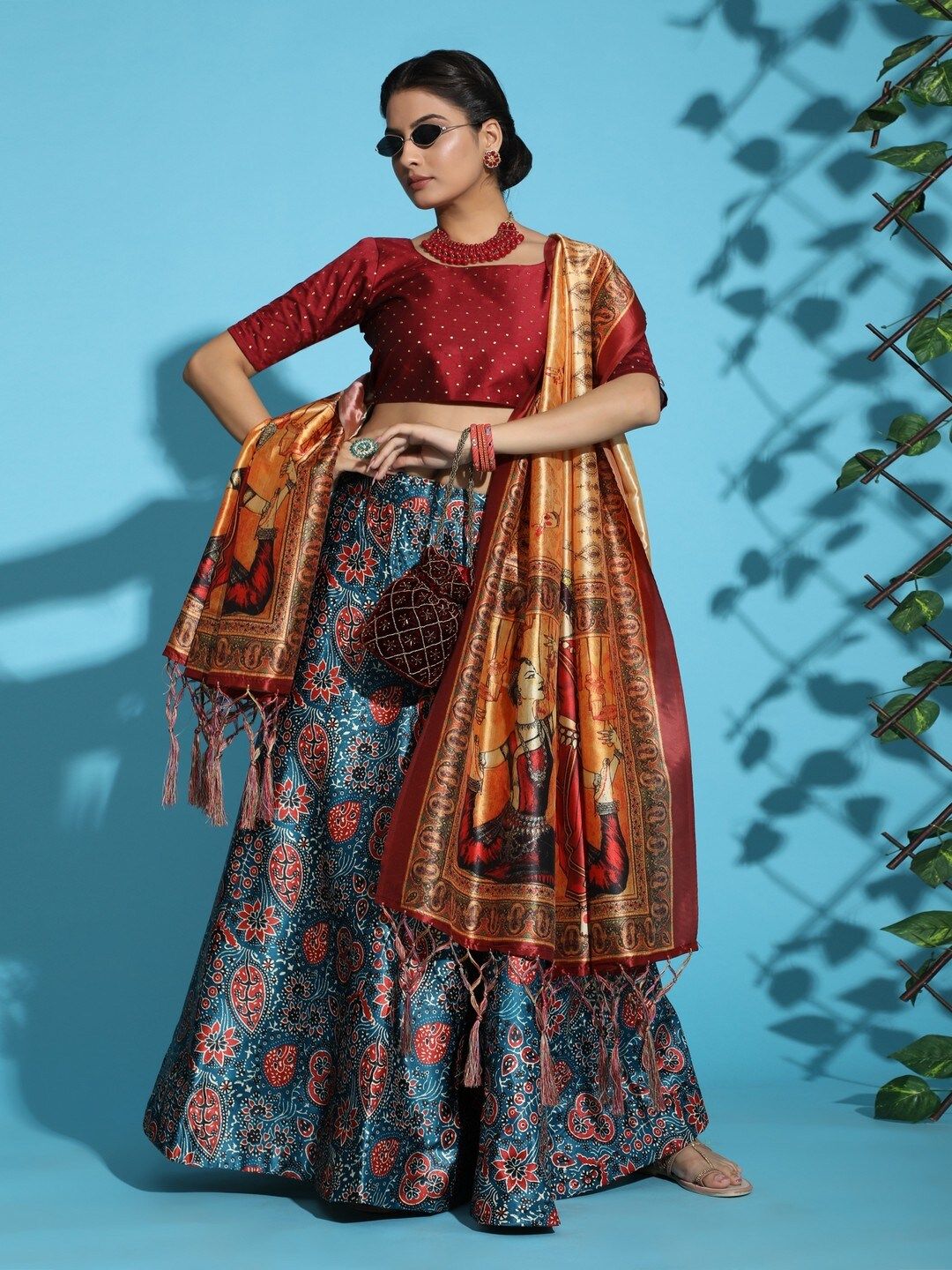 Kaizen TEXO FAB Teal & Maroon Printed Block Print Semi-Stitched Lehenga & Blouse With Dupatta Price in India