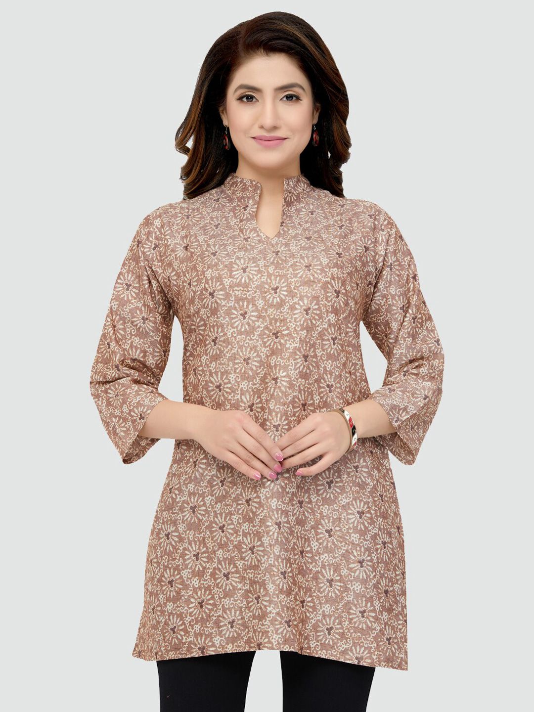 Saree Swarg Women Beige & Off White Floral Printed Kurti Price in India