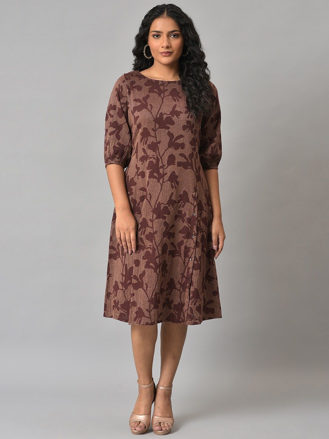 W Brown Floral A-Line Dress Price in India