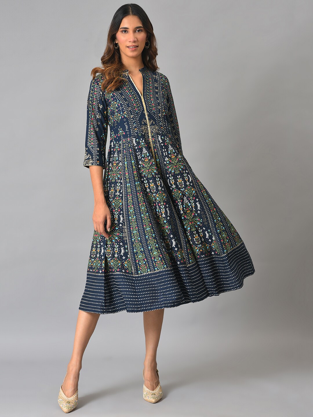 W Blue Ethnic Motifs Ethnic A-Line Dress Price in India
