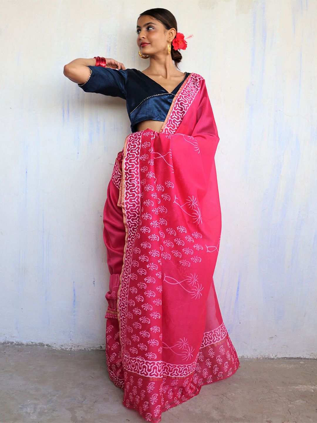 Chidiyaa Pink & White Ethnic Motifs Printed Zari Pure Silk Chanderi Saree Price in India