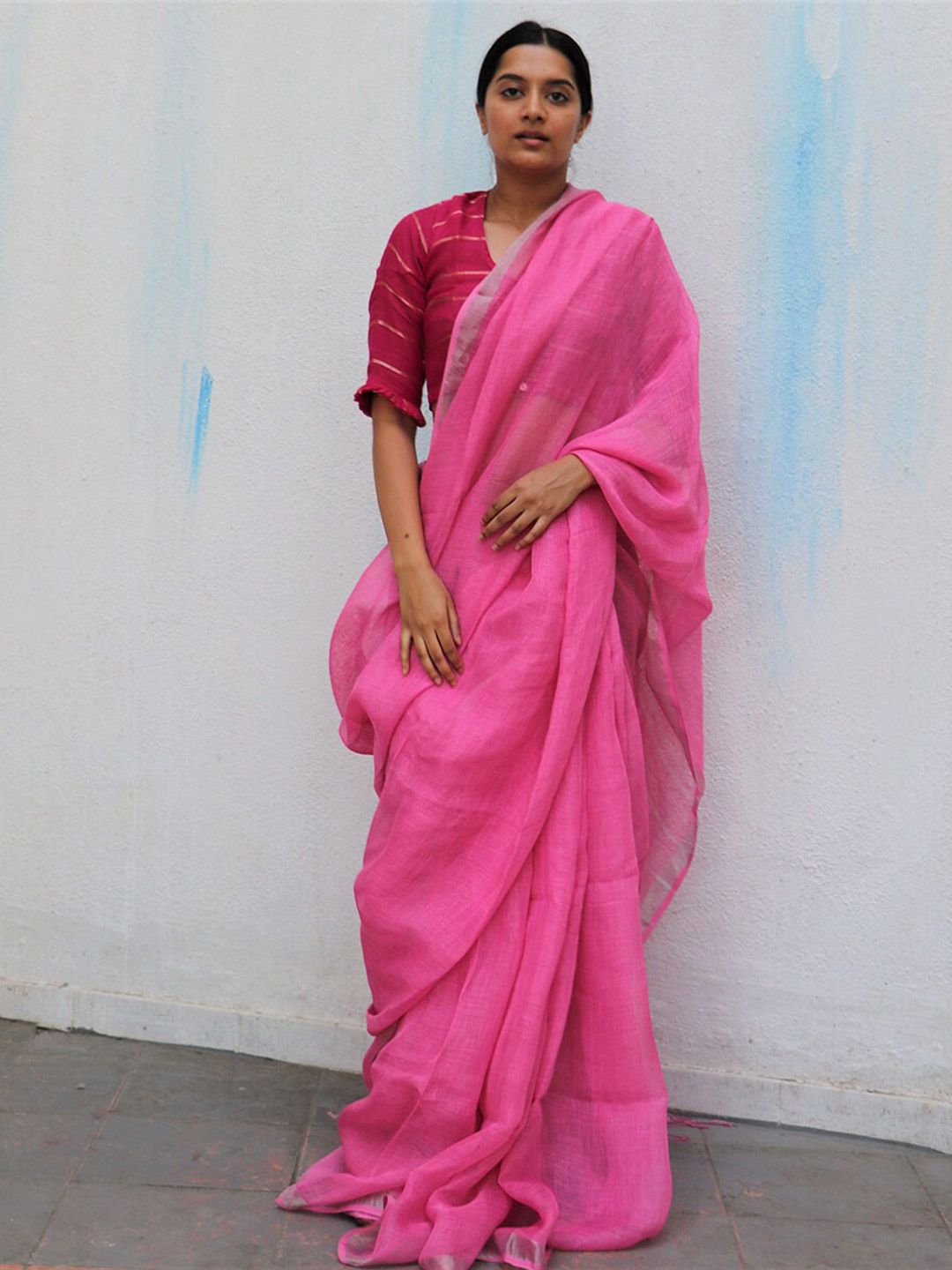 Chidiyaa Pink & Silver Solid Pure Linen Saree Price in India