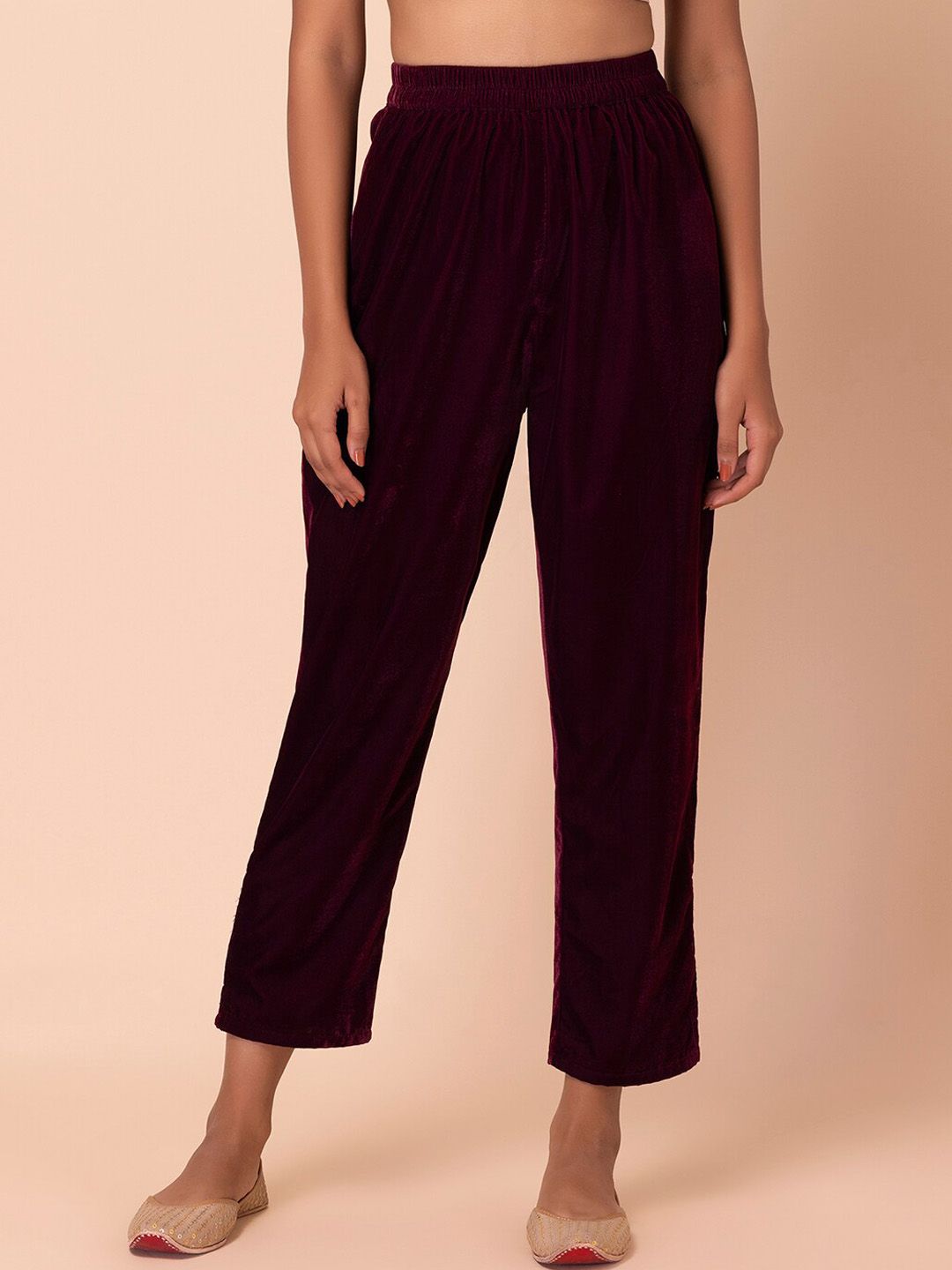 INDYA Women Maroon Pegged Trousers Price in India