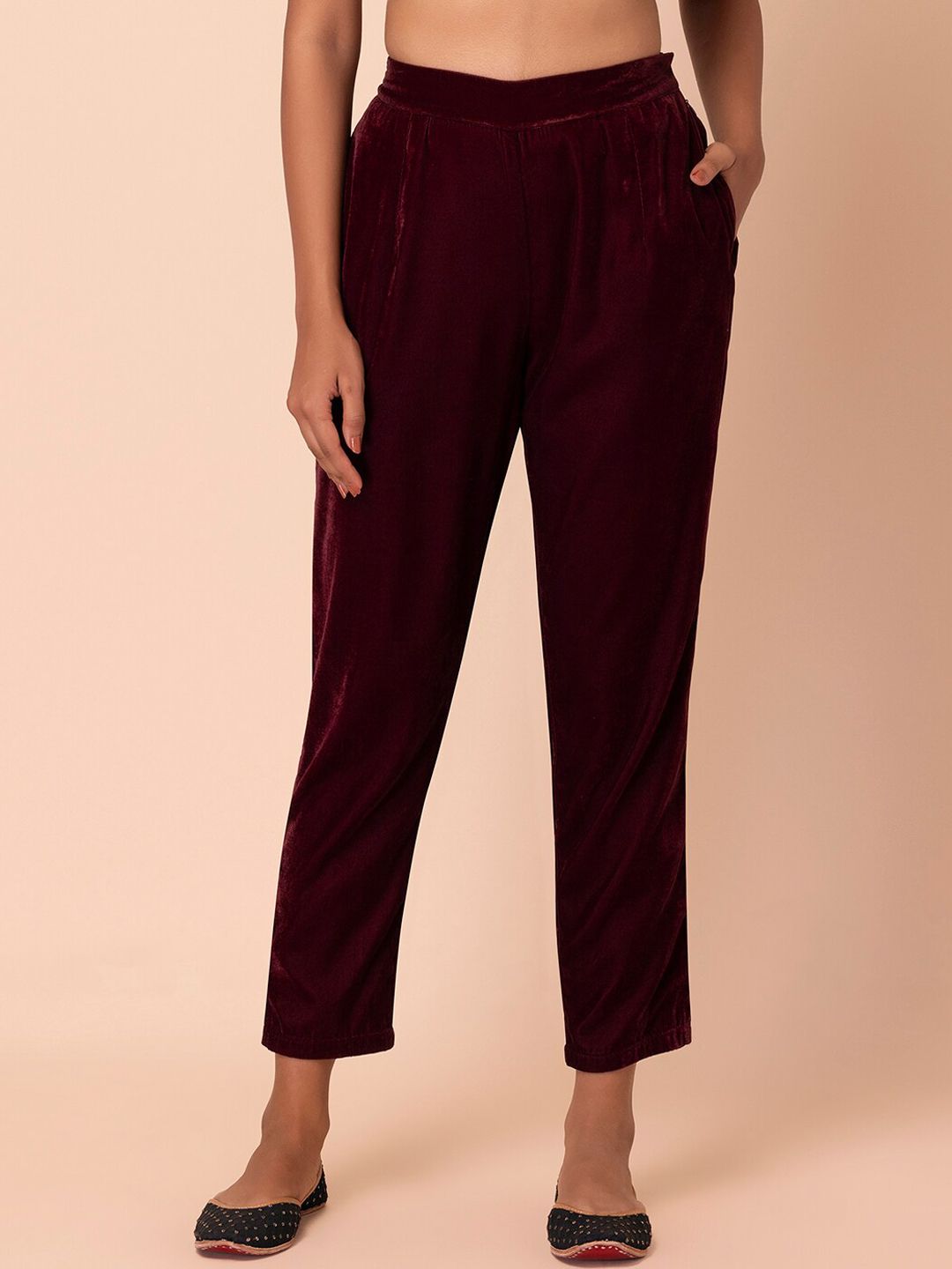 INDYA Women Maroon Solid Cropped Trousers Price in India