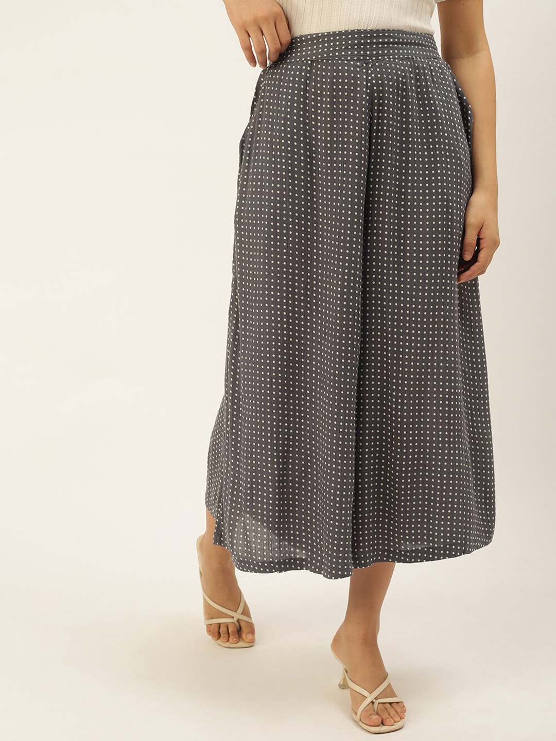 De Moza Women Grey Printed Pleated Culottes Trousers Price in India