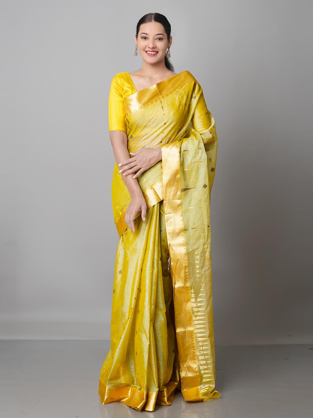 Unnati Silks Yellow & Gold-Toned Woven Design Handloom Pure Cotton Jamdani Saree Price in India
