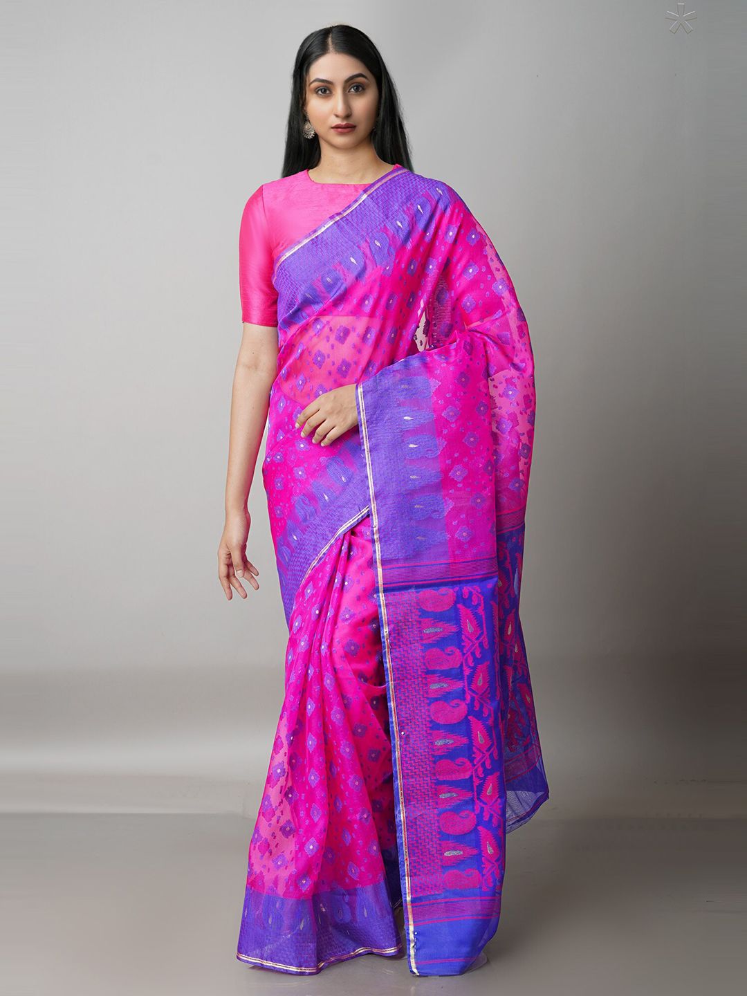 Unnati Silks Pink & Blue Woven Design Handloom Silk Cotton Jamdani Saree Price in India