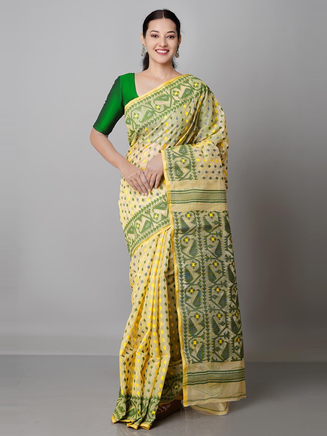 Unnati Silks Beige & Green Woven Design Handloom Pure Cotton Jamdani Saree Price in India