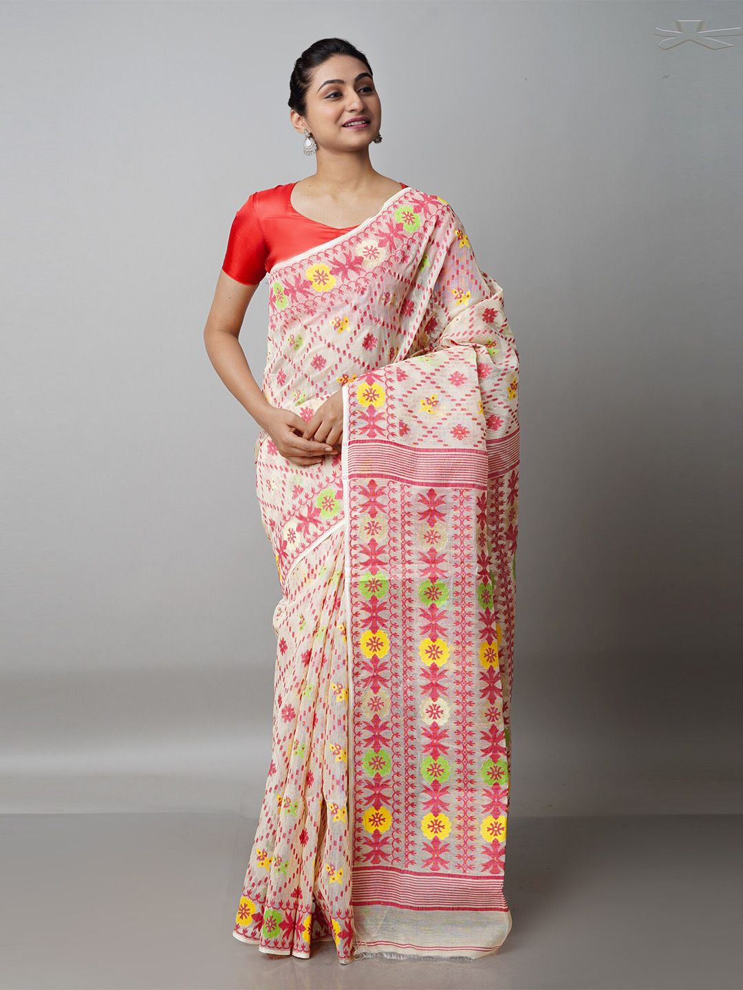 Unnati Silks Cream-Coloured & Pink Woven Design Handloom Pure Cotton Jamdani Saree Price in India