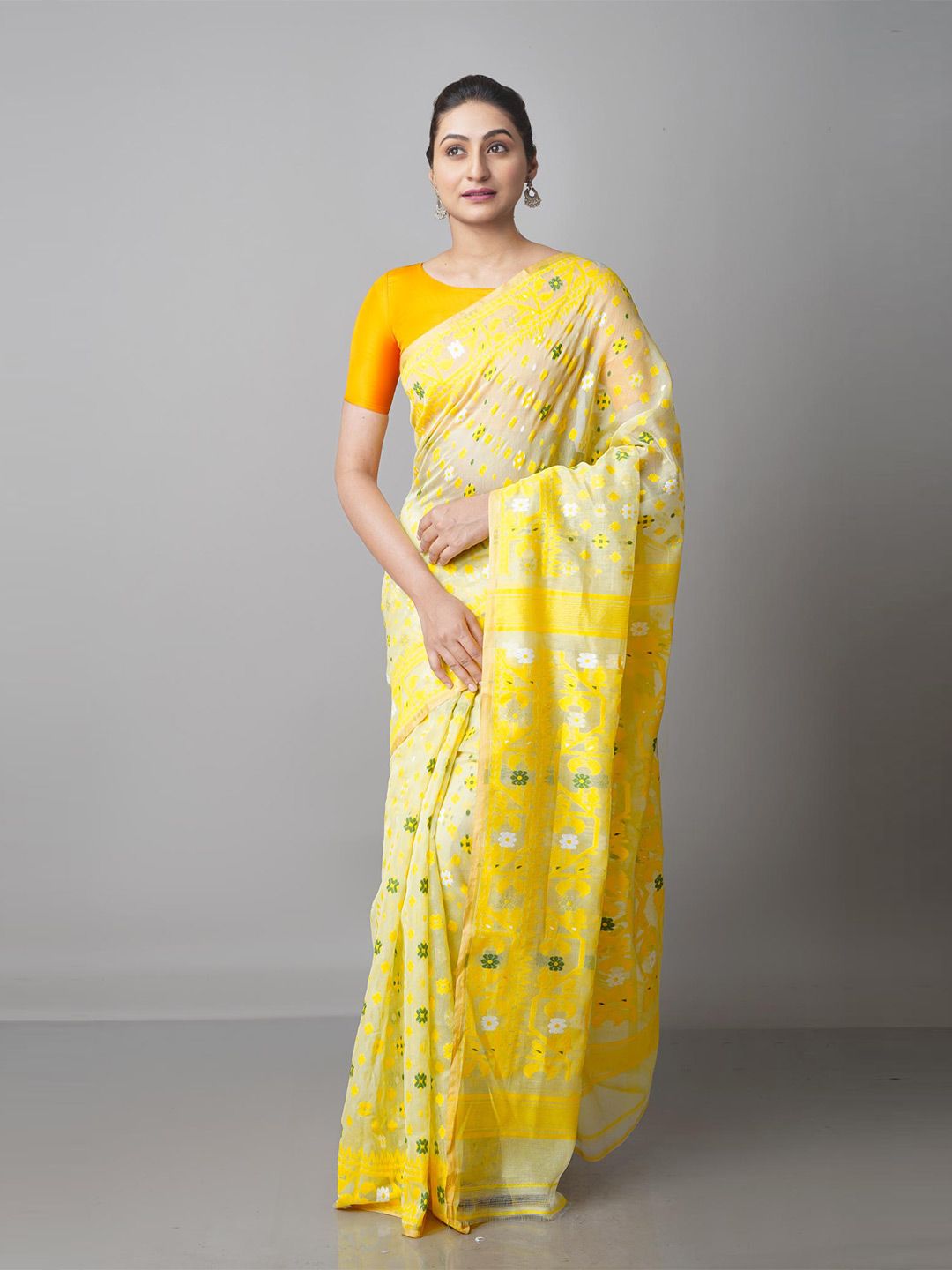 Unnati Silks Cream-Coloured & Yellow Woven Design Handloom Jamdani Saree Price in India