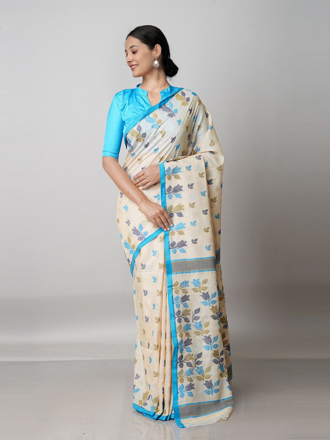 Unnati Silks Beige & Blue Woven Design Handloom Jamdani Saree Price in India